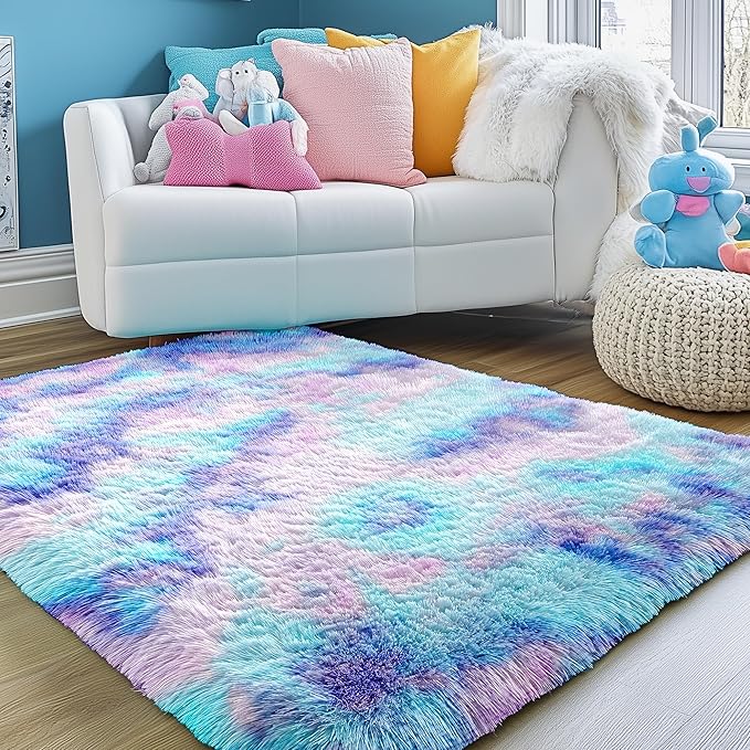 PAGISOFE Plush Rainbow Mermaid Rugs for Bedroom Girls, 6x9 Soft Purple Shag Area Rugs for Livingroom, Girls Room, Nursery, Classroom, Home Decor, Fluffy Fuzzy Carpet Mermaid Kawaii Pink Rugs