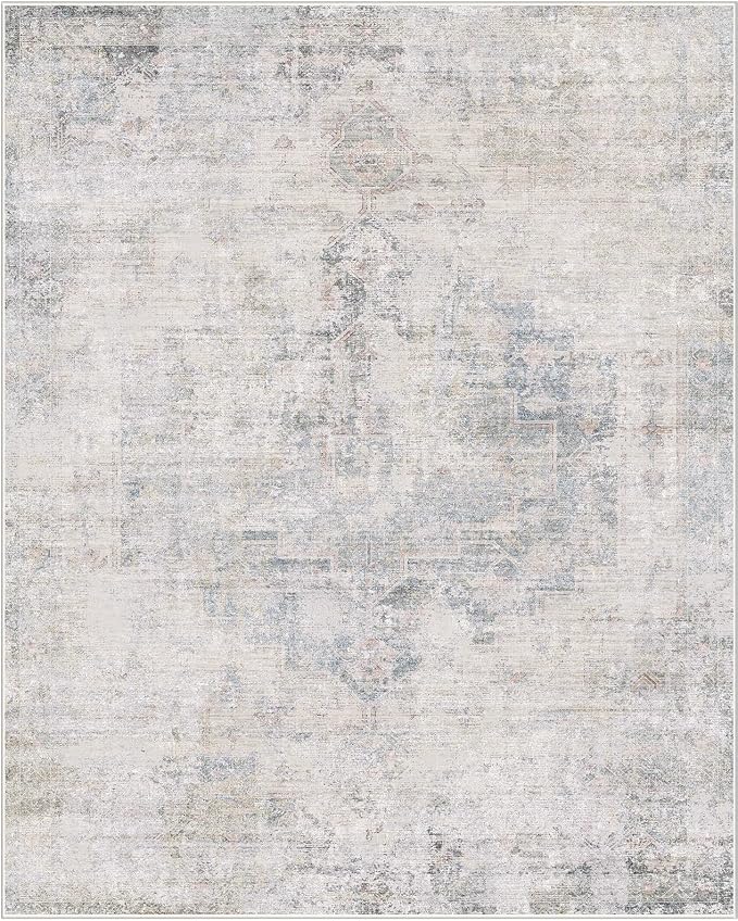 Hazo Haus Light Blue Area Rugs 8x12 for Living Room - Abstract Medallion Blue Gray Rug for Bedroom, Dining Room Under Table, Washable Non Slip, Fade & Stain Resistance