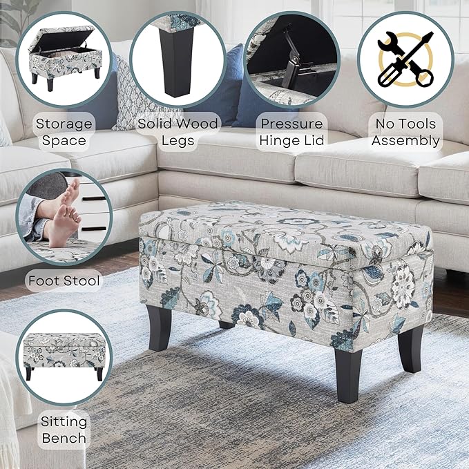 Convenience Concepts Designs4Comfort Winslow Storage Ottoman Bench 32" - Transitional Upholstered Footstool & Seat, for Living Room, Entryway, Hallway, & Bedroom, Gray Flora Fabric