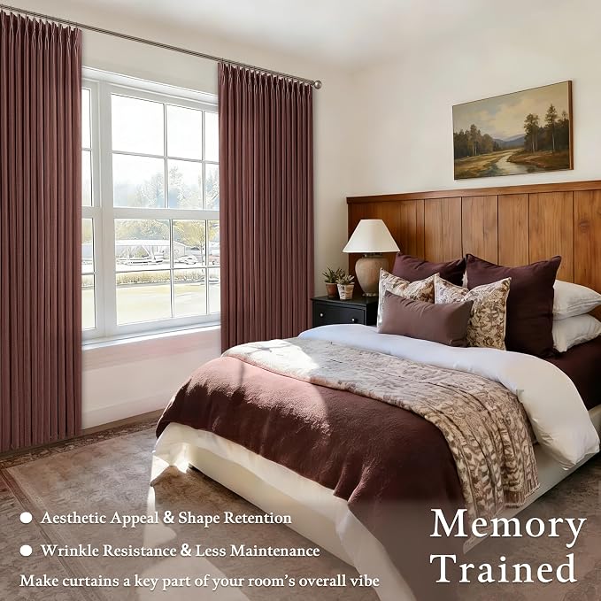 Chestnut Brown Pleated Thick Linen Curtains 108 Inches Length 2 Panels for Living Room Bedroom 9 ft Semi Sheer Privacy Country Linen Cotton Blend Window Curtain Panel Brownish Red Back Tab Drapes