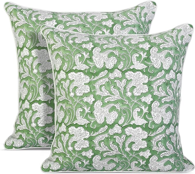 Ridhi Block Print Sage Green Pillow Cover 20" x 20" (Pack of 2) Decorative Couch Pillows for Living Room, Chic Boho Cute Outdoor Pillows Covers Gifts for Spring, Easter and Valentine