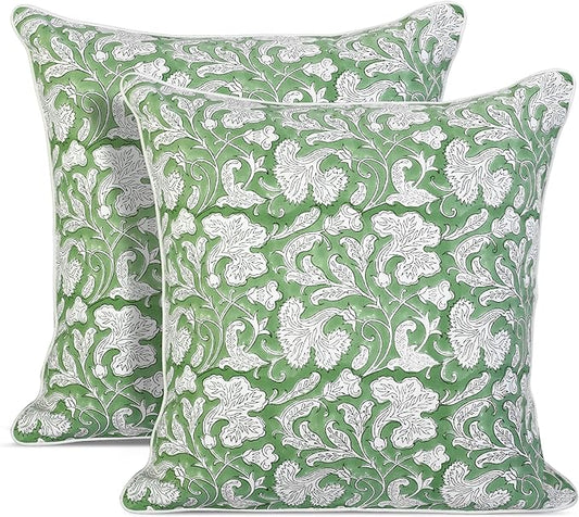 Ridhi Block Print Sage Green Pillow Cover 16" x 16" (Pack of 2) Decorative Couch Pillows for Living Room, Chic Boho Cute Outdoor Pillows Covers Gifts for Spring, Easter and Valentine