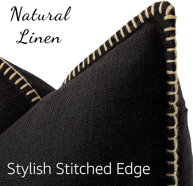 decorUhome Summer Decorative Throw Pillow Covers 18x18 Set of 2 Square Faux Linen Outdoor Neutral Farmhouse Pillow Covers with Stitched Edge for Couch Sofa Living Room, Black
