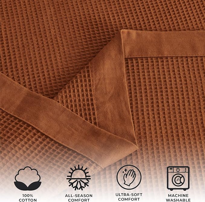 Great Bay Home 100% Cotton Blanket for Twin Size Bed | Lightweight and Breathable Waffle Weave Blankets for Summer & Spring | Versatile, Layering Orange Bed Blanket, Terracotta, 90x66 inches