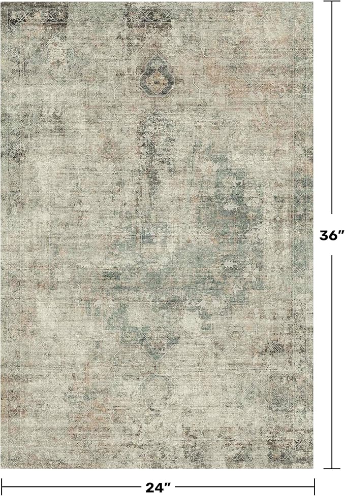 Moss 2x3 Washable Entryway Rug, Medallion Abstract Throw Rugs for Kitchen, Bathroom, Farmhouse Home Décor, Non Slip Low Pile Soft Stain Resistant Carpet (Green and Moss)