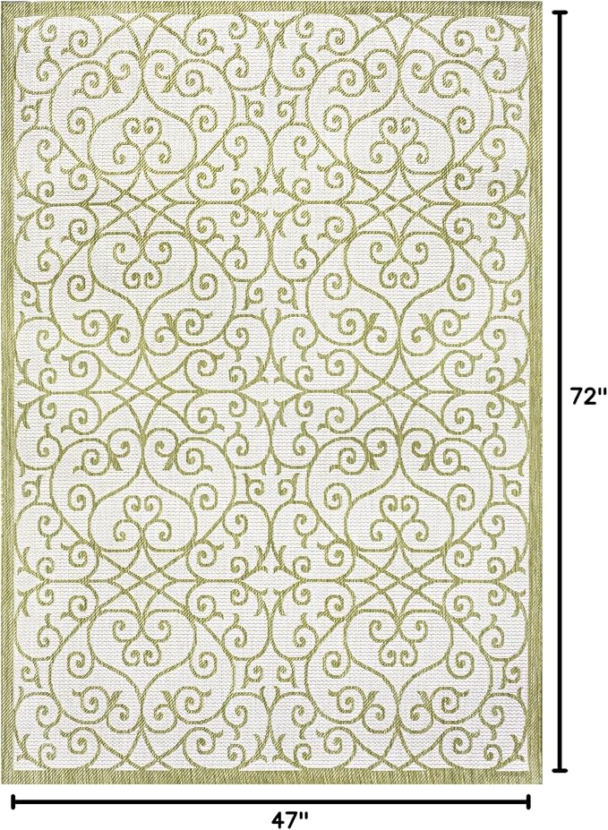 JONATHAN Y Vintage Filigree Indoor Outdoor Area Rug 4X6 Green/Cream, Madrid Textured Weave for Backyard, Patio, Porch, Easy-Cleaning, High Traffic, Pet-Friendly, Non-Shedding (SMB107H-4)