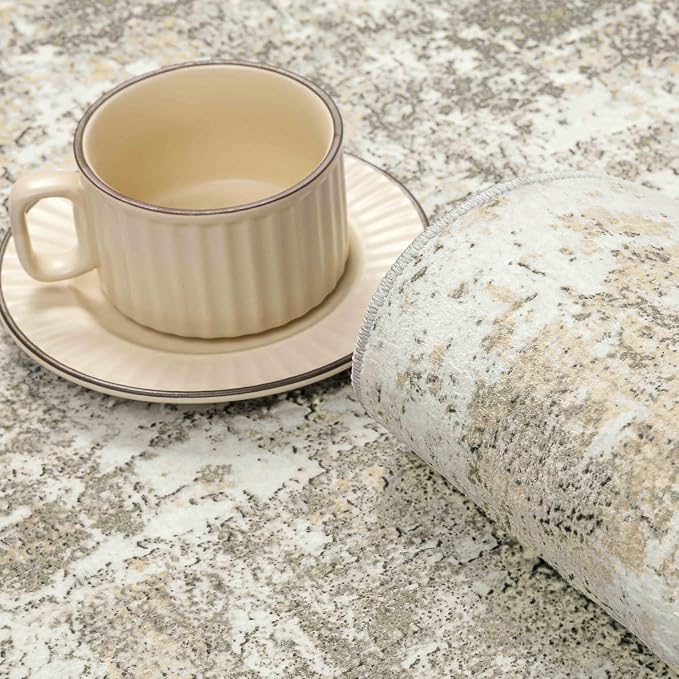 PureCozy Machine Washable Area Rug 5x7 Beige Gray Large Living Room Indoor Accent Rug Neutral Modern Abstract Low Pile Carpet Non Slip Distressed Throw Rug Bedroom Office Dining Room Kitchen Laundry