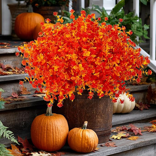 AXYLEX Artificial Fall Flowers Outdoor Fake Mums - 12 Bundles Fake Plants UV Resistant No Fade Faux Plastic Greenery Garden Porch Patio Fall Home Decor (OrangeYellow)