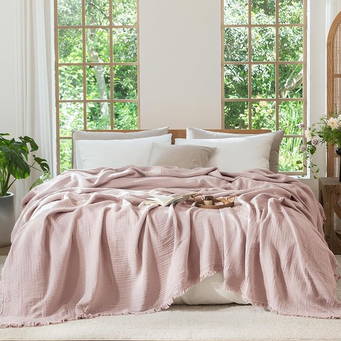 MooMee Muslin Blanket - 100% Cotton 4-Layer Gauze Throw Blanket with All-Around Fringe, Soft Breathable Lightweight Cooling Summer Blankets for Bed Couch(Greyish Pink,Super King 108" x 98")