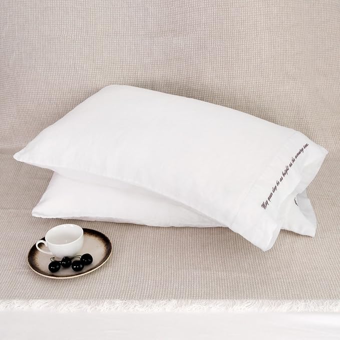 Linen Pillow Cases with Embroidery Design,20"x40" King Size Set of 2,100% French Flax Soft Handmade Linen Pillowcases,White Embroidery