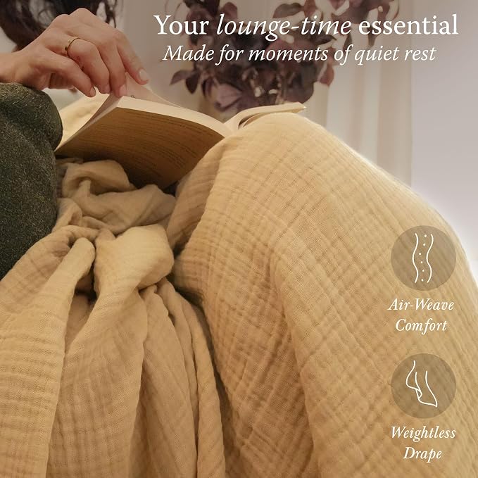 Threadmill Summer Muslin Twin Blanket | 4-Layer Gauze for Couch or Bed | Pre Washed Cozy All-Season Lightweight Blanket | 100% Cotton Ideal for Bed or Picnic Blanket | Beige Throw Blanket