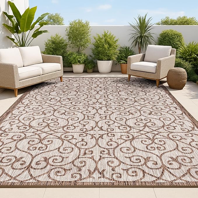 JONATHAN Y Vintage Filigree Indoor Outdoor Area Rug 8X10 Taupe/Espresso, Madrid Textured Weave for Backyard, Patio, Porch, Easy-Cleaning, High Traffic, Pet-Friendly, Non-Shedding (SMB107C-8)