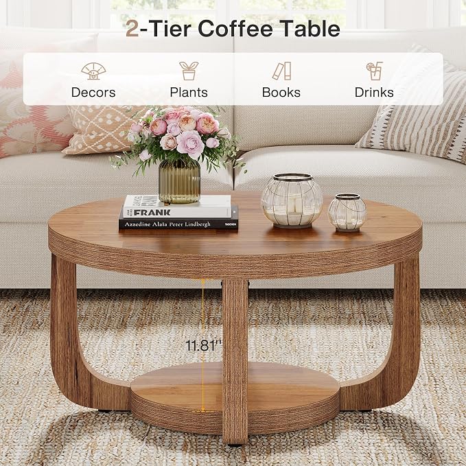Tribesigns Round Coffee Table, 2-Tier Circle Coffee Table with Storage, Modern Wooden Accent Center Table for Living Room, Thick Tabletop & Base (Rustic Brown)