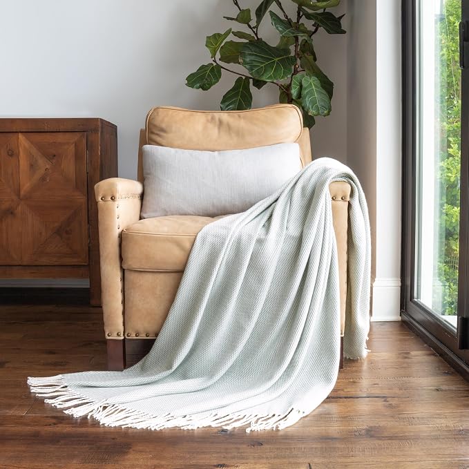 Linen Market Beddings Elevate Your Comfort with Herringbone Throw Blanket - Luxurious Woven Ultra Soft Acrylic - Sized 50" W x 60" L - Fringed Edges - Lightweight Layer for Bed or Sofa (Eucalyptus)