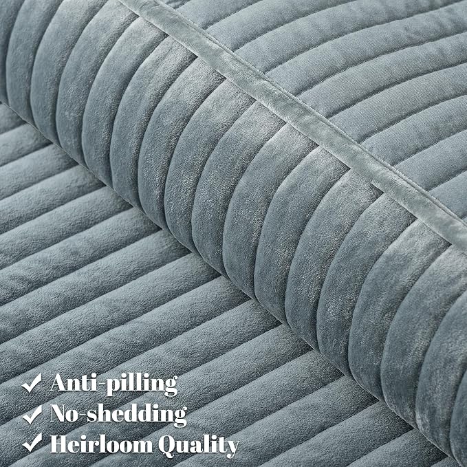 PHF Luxury Velvet Quilt Set Twin Size – 2PCS Ultra Soft Quilted Comforter Alternative with Striped Channel, Cozy Quilted Bedspread, 1 Coverlet with 1 Matching Sham, 68" x 92", Dusty Blue