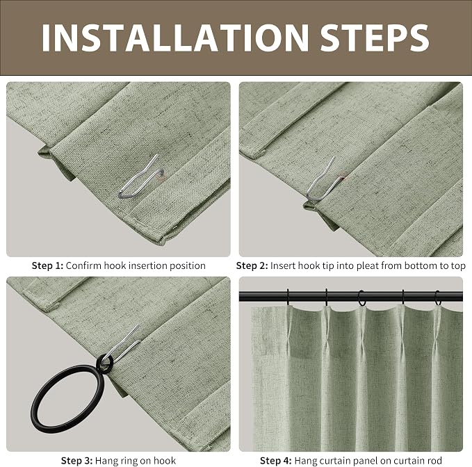 Sage Green Pinch Pleated Linen Curtains 108 Inch Length 2 Panels for Living Room Bedroom Elegant Farmhouse Country Privacy Light Filtering Semi Sheer Back Tab Drapes with Hooks for Nursery 40x108