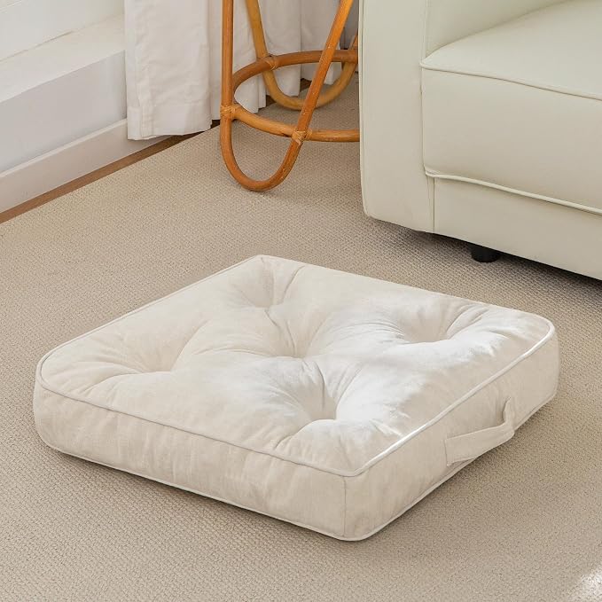 HIGOGOGO Large Floor Pillow Cushion for Adults, Meditation Cushion Pillow with Handle, Lustrous Chenille Tufted, Square Floor Sitting for Tatami Living Room or Yoga, 22x22 Inch, Beige