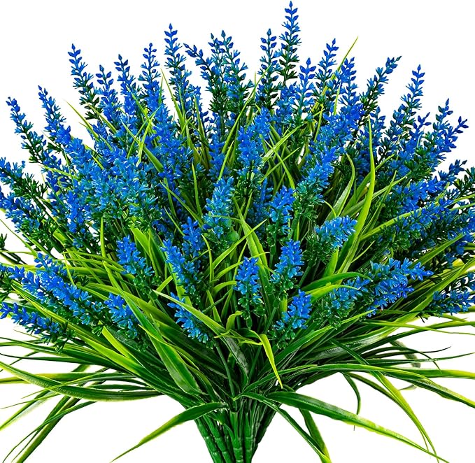 Nigirior Artificial Flowers for Outdoor Plants 24 Bundles Fake Lavender Plastic Faux Monkey Grass for Verandah Window Garden Office Patio Front Porch UV Resistant for Planter(Blue)