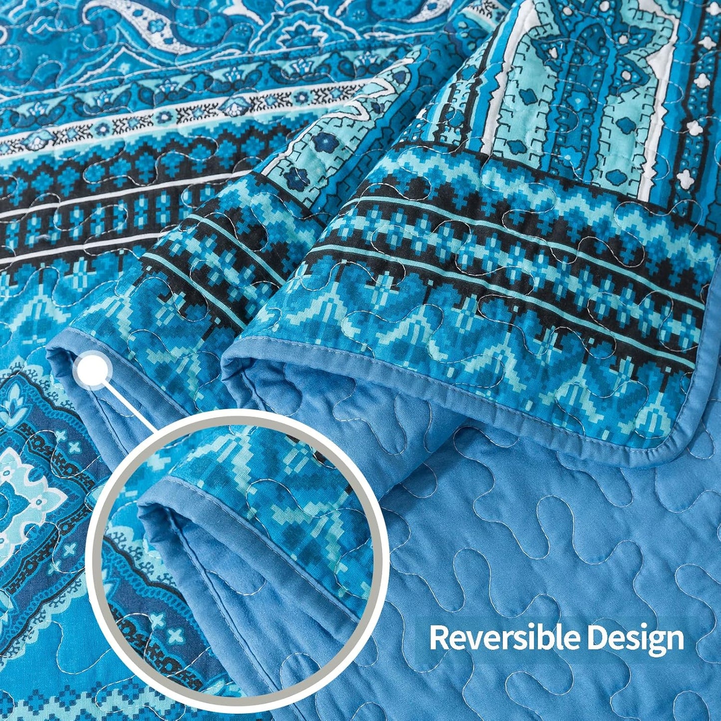 VAPUTAR Cotton Quilt Queen Size Bedding Set - 3 Pieces Queen Quilt Bedding Set, Boho Queen Size Quilts, Lightweight Reversible Coverlets Bedspreads for Farmhouse Bedroom (Blue)