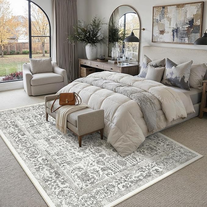 PureCozy Black Area Rug 9x12 Machine Washable Large Vintage Living Room Distressed Non Slip Carpet Traditional Indoor Bedroom Retro Floral Accent Throw Rug for Office Kitchen Dining Room