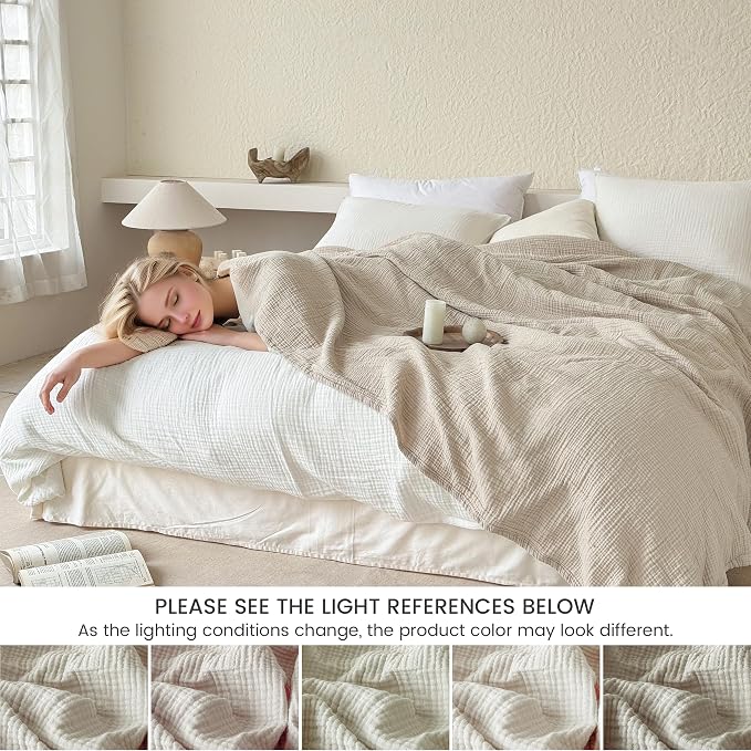 FALUCA Cotton Muslin Cooling Reversible Blanket 50x60 Inches for Bed, Couch, Four Layers Blanket, Soft Lightweight Cozy Breathable Farmhouse Decoration for Summer, Khaki