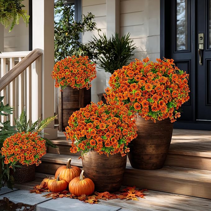 AXYLEX Artificial Fall Flowers Outdoor Fake Mums - 16 Bundles Fake Plants UV Resistant No Fade Faux Plastic Greenery Garden Porch Patio Fall Home Decor (Red Orange16)
