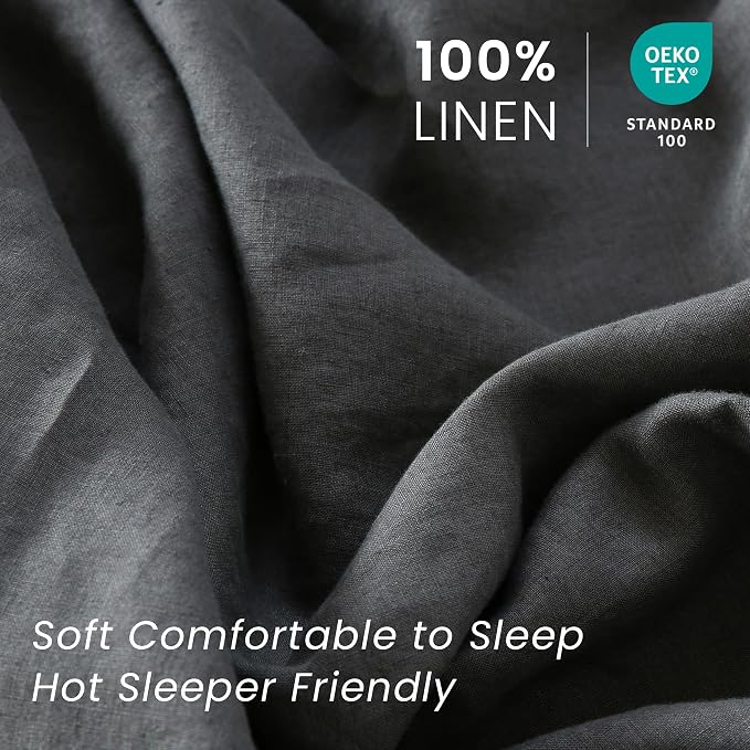 100% French Linen Pillowcases with Embroidery - Pack of 2 - Washed Solid Color Natural Flax Soft Breathable - Dark Grey, 20'' x 30''