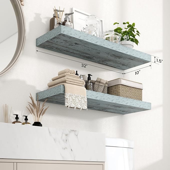 Axeman 32Inch Floating Shelves for Wall, 2 Pack Shelves for Bedroom, Bathroom, Kitchen, Hanging Wall Mounted Rustic Wood Shelf with Invisible Brackets for Books Decor, Rustic Blue