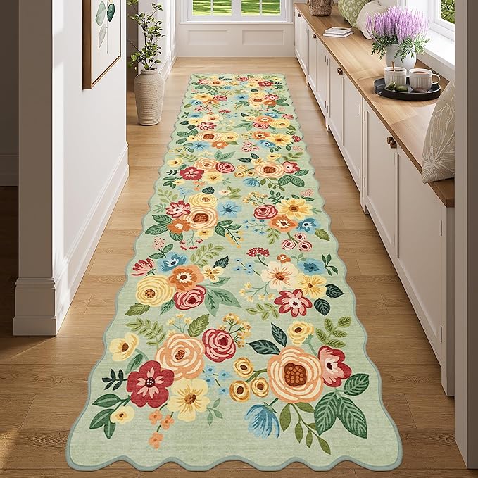 DUKINO 2x8 Washable Runner Rug, Lightweight Soft Floral Hallway Rug Runner with Low Pile Design, Non Shedding & Non Slip Backing Thin Indoor Carpet for Bedroom, Bathroom, Entrance, Kitchen, Green