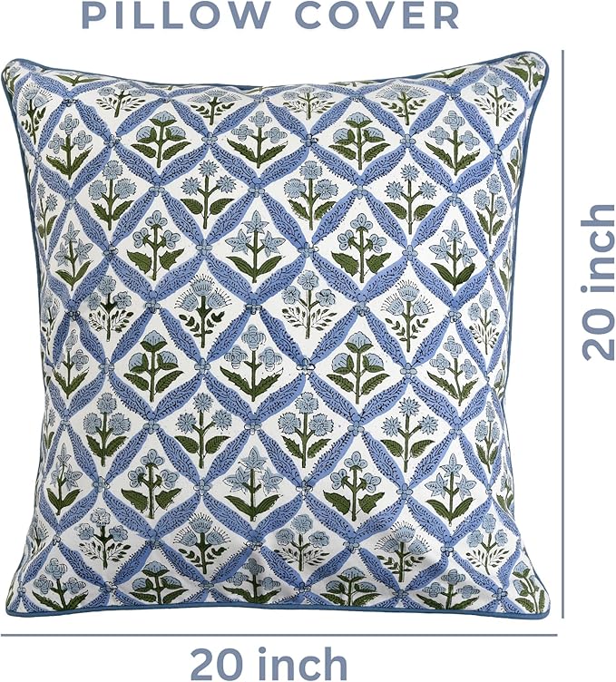 Ridhi Block Print Light Steel Blue Pillow Cover 20" x 20" (Pack of 2) Decorative Couch Pillows for Living Room, Chic Boho Cute Outdoor Pillows Covers Gifts for Spring, Easter and Valentine