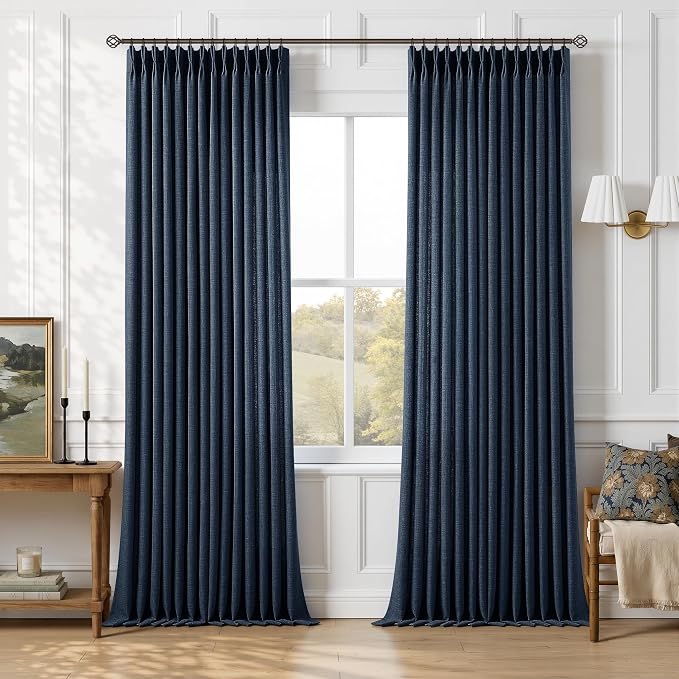 Navy Blue Thick Linen Curtains 108 Inches 2 Panels Set Modern Vintage Pinch Pleated Semi Sheer Drapes for Living Dining Room Back Tab Memory Trained Shaped Light Filtering Curtains 108 Inch Length