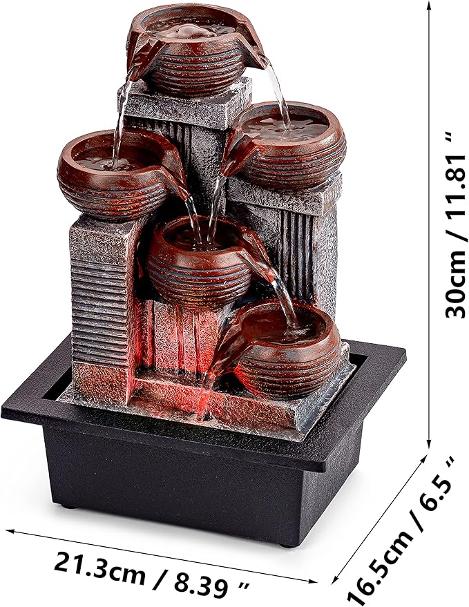 Father'sDen Collection Indoor Fountains and Waterfalls from 5-Tiered Pots-12”H Tabletop Water Fountain-Desk Fountain-Office Decor with Audible Calming Waterfall Sounds-Zen Fountain with Color Lights