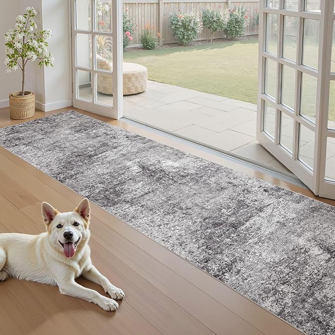 DMOYEST Washable Runner Rug for Hallway: 2.6x12 Neutral Modern Abstract Low Pile Area Rug with Non-Slip Backing - Carpet for Bedroom Kitchen Laundry Entryway Bathroom Indoor - Grey