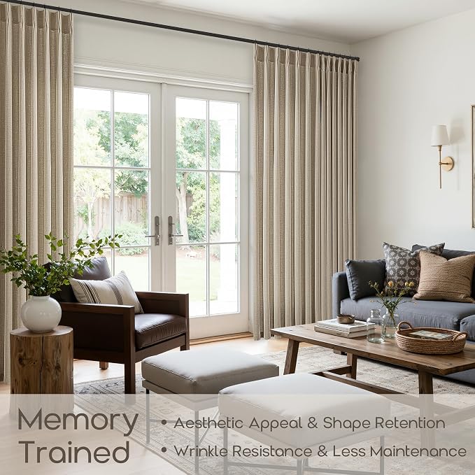 Burlywood Birch Extra Wide Pinch Pleat Curtains 102 Inches Long Memory Shaped Light Filtering Privacy Burlap Sliding Door Curtains with Rings Back Tab Large Window Drape for Living Room Bedroom 70x102