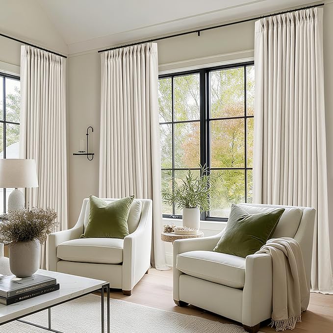 TWODRAPES 92 Inch Long Pinch Pleated Blackout Curtains for Bedroom Living Room, Natural Beige Linen Blend 100% Blackout Sliding Door Curtains, Cozy Modern Privacy Protection Curtains 92 Inches