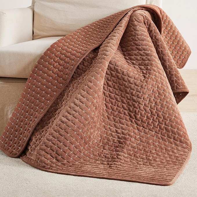 Levtex Home - Velvet Stitch - Throw - Cross Stitch Velvet - Rust with White - Quilt (50x60in.) and Sham 50x60in. - Polyester