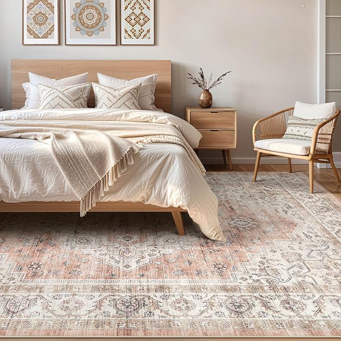7x9 Area Rug Living Room: Washable Boho Large Neutral Vintage Soft Rug Stain Resistant Farmhouse Non-Slip Indoor Floor Retro Carpet for Bedroom Nursery Kids Office Dining Room- Pink Brown