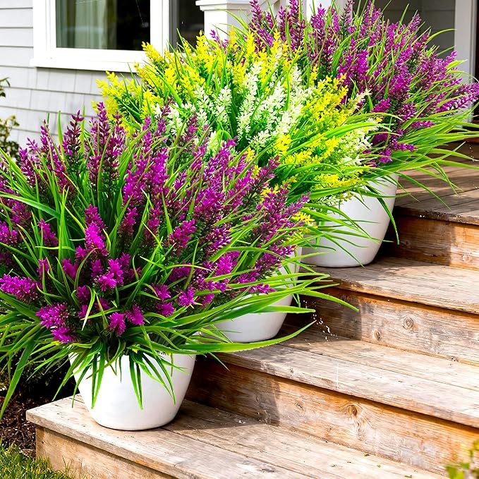 TSTWETO Artificial Plants Outdoor, 20 Pcs Fake Flowers UV Resistant Outdoor Fake Plants, Lavender Artificial Flowers Plastic Fake Faux Flowers Shrubs for Home Porch Garden Yard Window Box