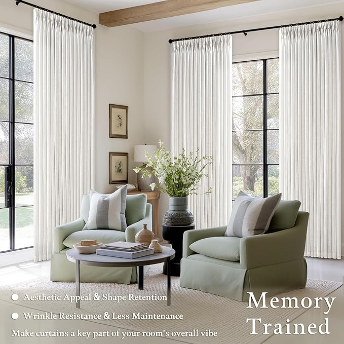 Beige White 94 Inch Pinch Pleated Linen Curtains for Living Room Bedroom Dining Boho Country Light Filtering Pinch Pleat Drapes with Hooks Rings Back Tab Semi Sheer Window Curtains 2 Panels Set 50x94