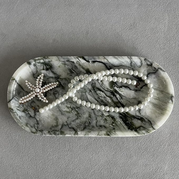 Natural Marble Oval Tray Ornaments Vintage Small Tray Storage Dish for Counter, Vanity, Dresser, Nightstand and Desk (Green Emerald)