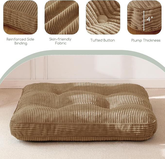 HIGOGOGO 35" Floor Pillow Cushion for Adults, Meditation Cushion Pillow, Extra Large Square Floor Sitting, Tufted Corduroy Cover for Tatami Living Room or Yoga, Coffee