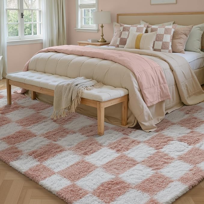 PureCozy Checkered Rug 6x9 for Living Room, Pink and White Modern Shag Rugs Super Soft Washable Indoor Office Fuzzy Carpet Non-Slip Fluffy Rugs for Bedroom Home Aesthetic Decor