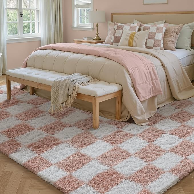 PureCozy 8'x10'+2'x6' Pink Shag Rug Set of 2 with Runner for Living Room Bedroom Home Aesthetic Decor