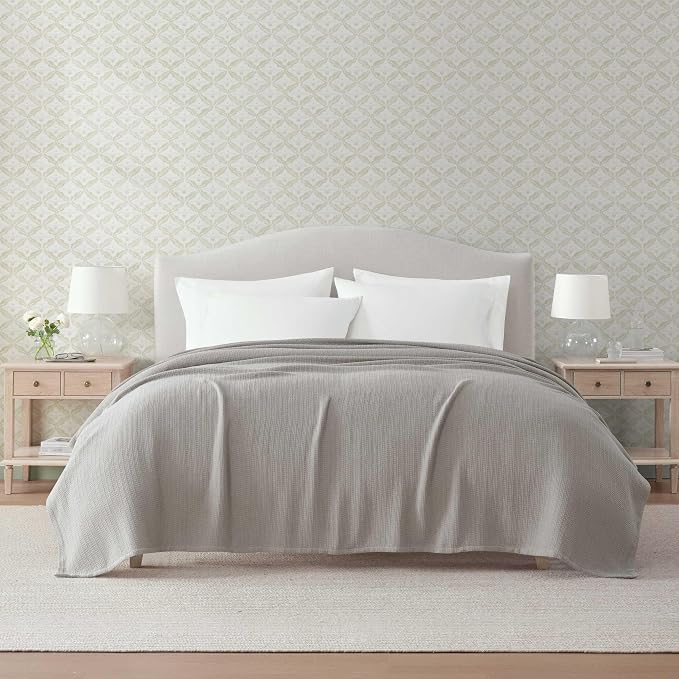 Martha Stewart - Queen Bed Blanket, 100% Cotton Textured Basket Weave Bedding, Breathable & Lightweight Blanket for Couch or Bed, Bedford Tile Grey