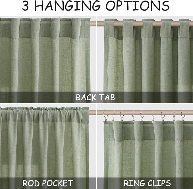 Sheer Light Sage Linen Curtains 72 Inch Length for Living Room Lightweight Door Drapes 2 Panels Set for Kids Bedroom Light Filtering Back Tab Rod Pocket Curtain for Kitchen Protect Privacy 52x72.