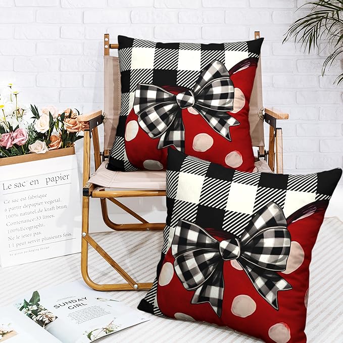 Valentines Day Throw Pillow Covers 16x16 Buffallo Plaid Valentines Pillow Covers Polka Dot Red Love Heart with Bow Decoarative Pillow Case for Living Room Couch Sofa