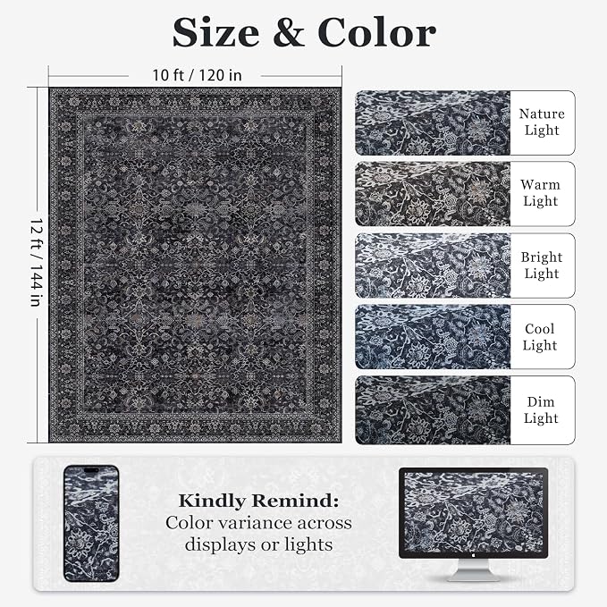 Dark Big Rug 10x12, Vintage Carpet Large Size 10x12 for Living Room Bedroom, Washable Non Slip Low Pile Thin Room Rug for Dining Room Family Room, Farmhouse Earth Tone Midnight