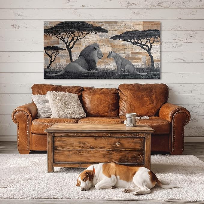 Ggaafet Lions Couple Wall Art for Bedroom Canvas Painting Prints Text Collage Style Male and Female Lion African Savannah Art Deco Retro Rustic Artwork Office Farmhouse Dining Room Decor