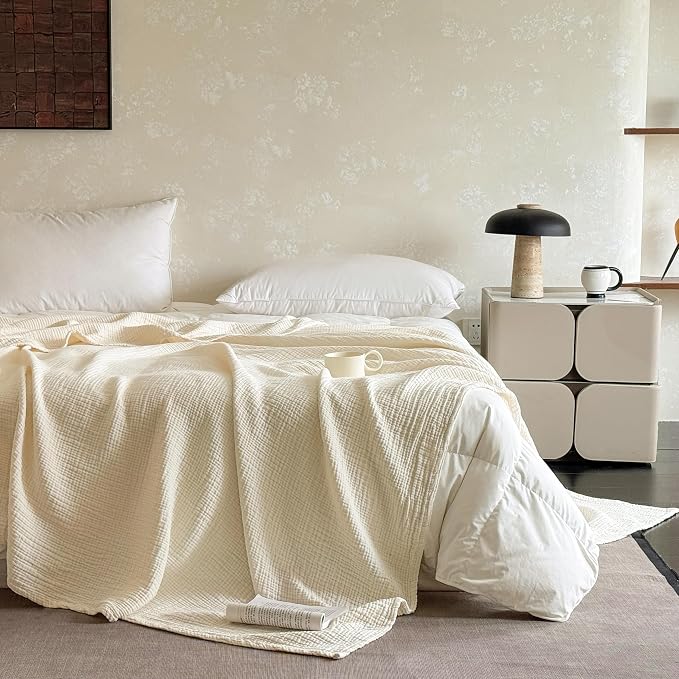 FALUCA Cotton Muslin Cooling Reversible Blanket Queen Size for Bed, Couch, Four Layers Blanket, Soft Lightweight Cozy Breathable Farmhouse Decoration for Summer, Beige