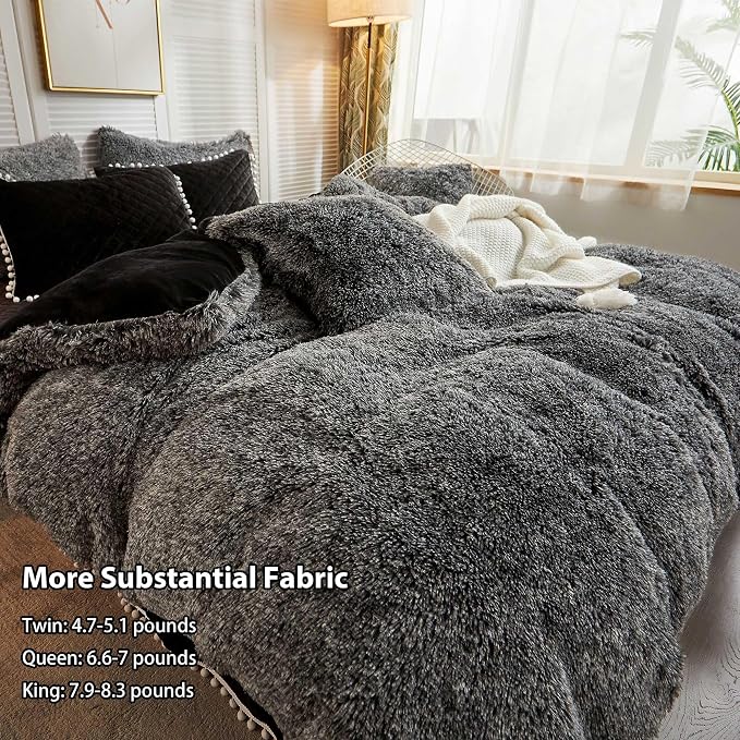 LIFEREVO Luxury Plush Shaggy Duvet Cover Set, Soft Velvet Fluffy Furry Duvet Cover Set(1 Faux Fur Fuzzy Comforter Cover + 1 Pompoms Pillow Sham) Bedding Set, Zipper Closure(Twin/Twin XL,Ombre Black)